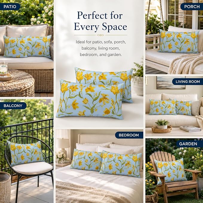 Pack of 2 Patio Lumbar Pillows 12"x20" | Fade Resistant Outdoor Waterproof Lumbar Pillow with Inners Decorative Garden Lumbar Cushions for Home Patio Terrace Sofa