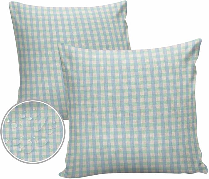Outdoor Waterproof Throw Pillow Covers Set of 2 Buffalo Plaid Pillowcases 26x26 Inches Blue Linen Classic Checked Patio Decorative Pillows Cushion Case Patio Pillows for Couch Bed Chair Garden
