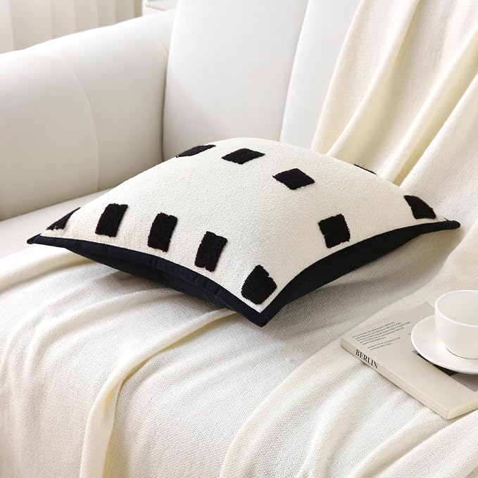 Decorative Throw Pillows with Inserts 2 Pack 18" x 18" Boho Soft Tufted Modern Chenille Pillow for Home, Patio, Couch, Bedroom, Living Room (Black =)