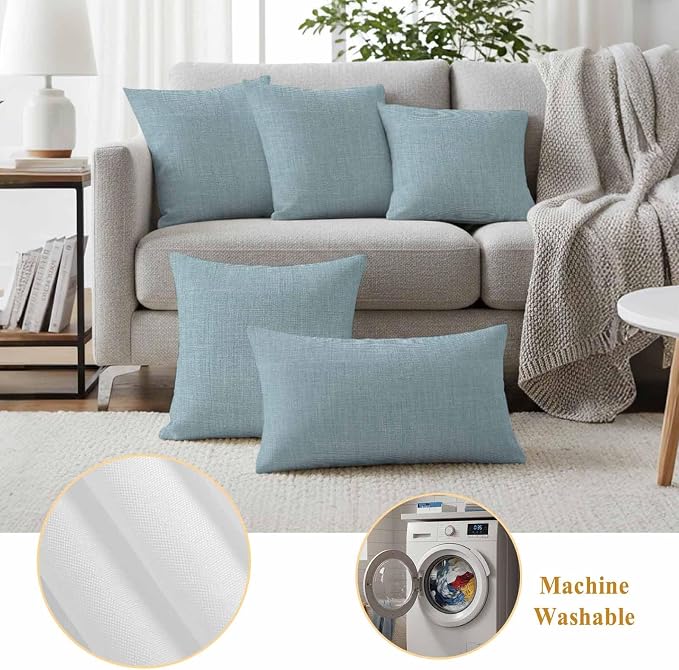 Outdoor Waterproof Throw Pillow Covers Set of 2 Blue Linen Pillowcases 20x20 Inches Farmhouse Pure Color Decorative Pillows Cushion Case Patio Pillows for Couch Bed Chair Garden