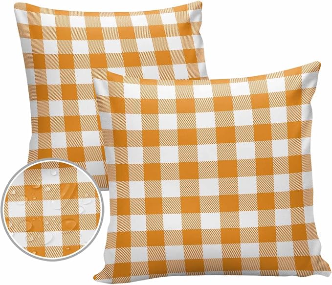 Outdoor Waterproof Throw Pillow Covers Set of 2 Orange Buffalo Check Plaid Pillowcases 20x20 Inches Farmhouse Style Patio Decorative Pillows Cushion Case Patio Pillows for Couch Bed Chair Garden
