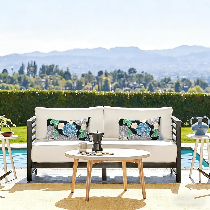 LVTXIII Outdoor/Indoor Lumbar Pillow Covers ONLY, Decorative Patio Lumbar Cushion Covers, Fluffy Water Repellent Garden Cushion Cases for Home Patio Coach Sofa Use, 12x20 Inch, Pack of 2, Peony Garden