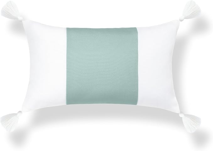 Hofdeco Premium Coastal Grandmillennial Patio Indoor Outdoor Lumbar Pillow Cover Only, 12"x20" Water Repellent for Backyard, Couch, Poolside, Celadon Green Print Color Block