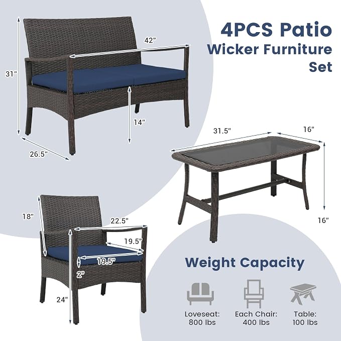 HAPPYGRILL 4-Piece Rattan Patio Conversation Set with Tempered Glass Coffee Table, Comfortable Wicker Loveseat & Chairs for Poolside, Courtyard, Balcony