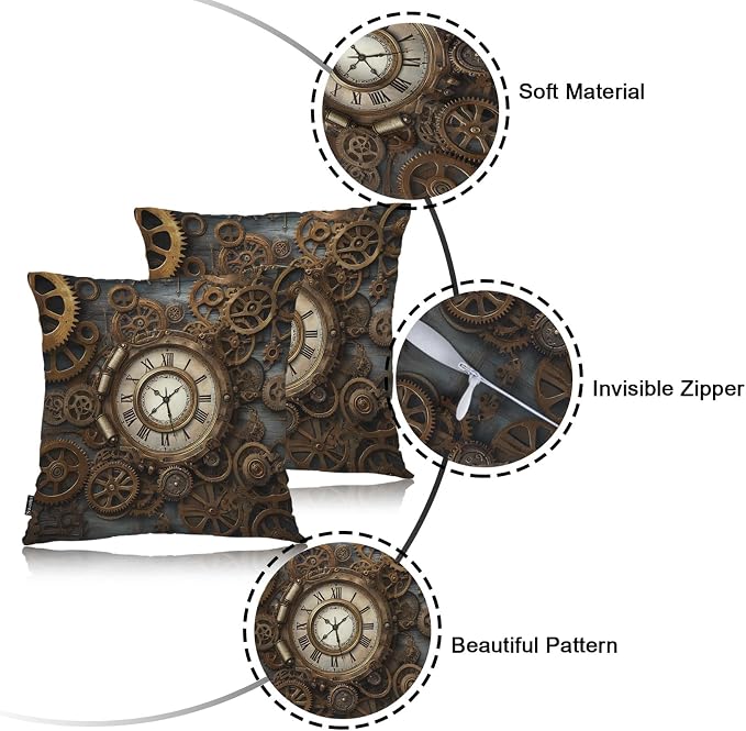 Swono Outdoor Pillow Covers Steampunk, Rusty Steampunk Clock Retro Gears Home Decorative Throw Pillow Case Cushion Cover for Men/Woman/Bed/Sofa/Office/Car 18x18 Inch, 2Pcs Pillow Covers, Gold Bronze