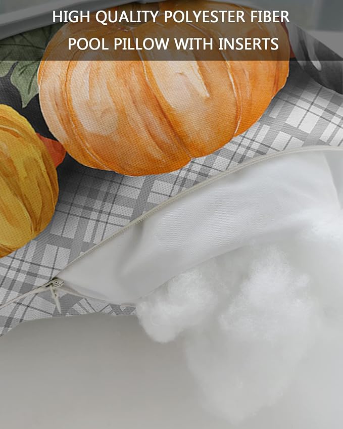 Outdoor Pillows Covers with Inserts Fall Pumpkin Black Gray Lattice Waterproof Recliner Pillow with Adjustable Strap Throw Pillows for Patio Furniture Pool Lounge Chair, 12x20 inch, 1PCS