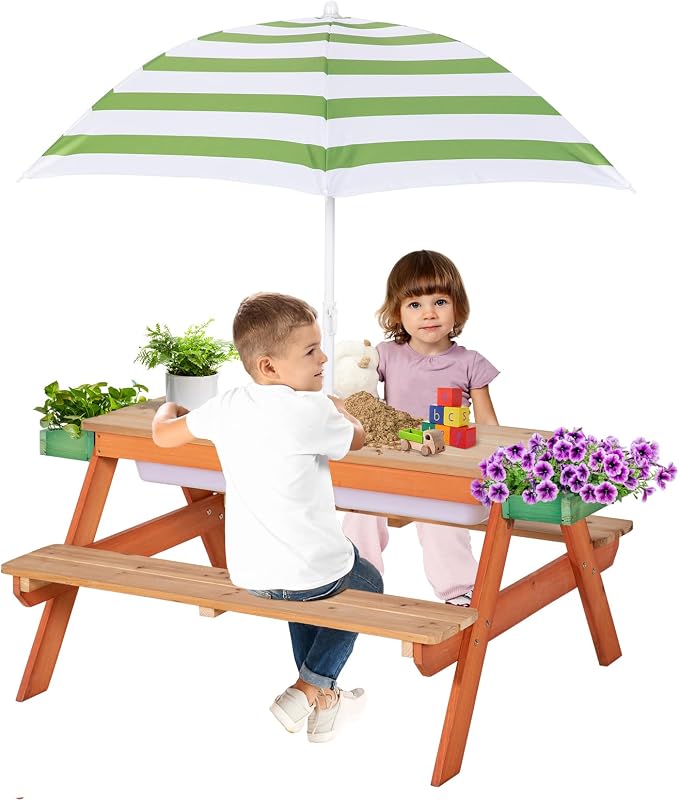 BRINJOY Kids Picnic Table, Outdoor Wooden Table w/Adjustable Umbrella & Garden Bed, 4-in-1 Sand & Water Activity Table w/Built-in Bench & Removable Boxes, Patio, Backyard