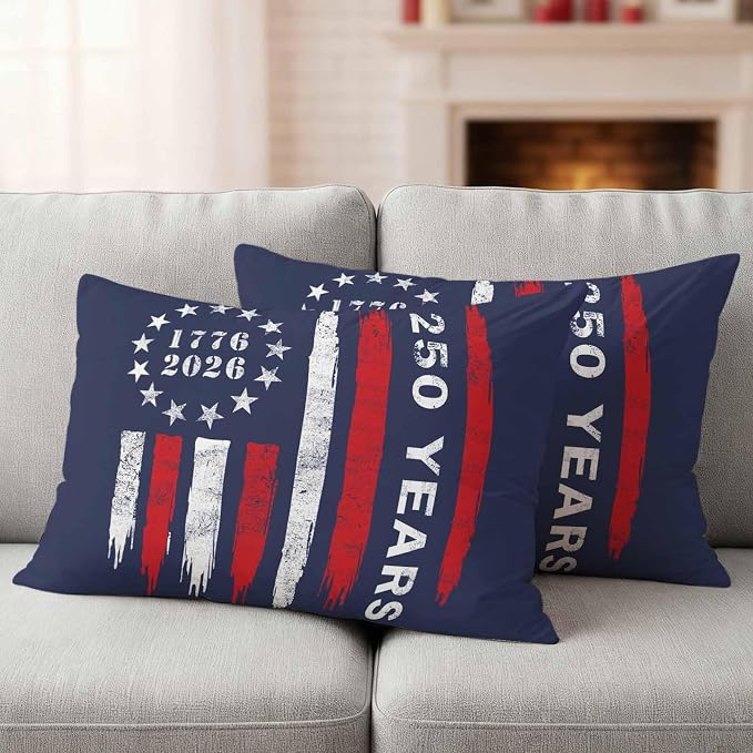 250 Years America Outdoor Pillow Covers 20"x12" Set of 2, Waterproof Throw Pillow Covers for Patio Furniture, USA 250th Anniversary Red White Blue Decorative Cushion Covers for Porch