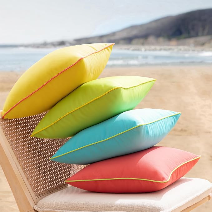 Phantoscope Pack of 2 Outdoor Waterproof Throw Pillow Covers with Contrast Piping, Decorative Square Cushion Case Patio Pillows for Couch Tent, Lemon Yellow 12x20 inches