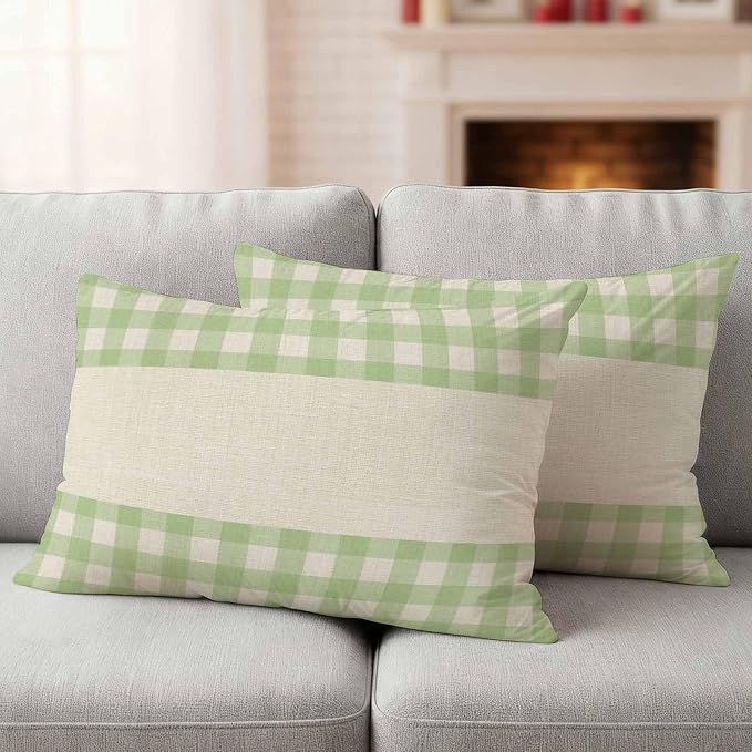 Retro Green Outdoor Waterproof Pillow Covers, Farmhouse Buffalo Plaid Vintage Beige Decorative Rectangle Throw Pillowcase Sofa Cushion Sham for Patio/Couch/Chair, 20"x12" 2 Pack