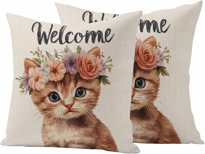 Cute Cat Outdoor Waterproof Throw Pillow Covers Set of 2, 20"x20", Garland Welcome Retro Decorative Pillow Covers Outside Cushion Case for Patio Porch Garden