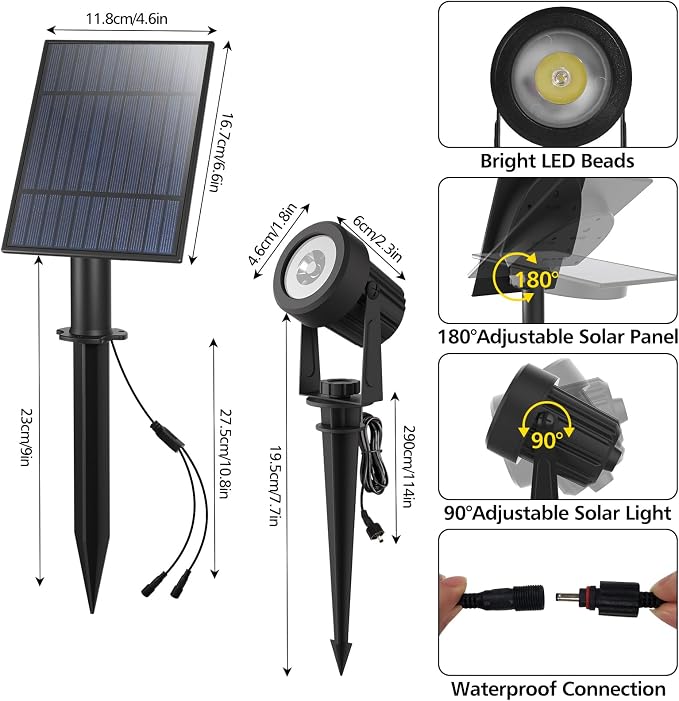 T-SUN Solar Spotlights Outdoor Waterproof, 2-in-1 Solar Landscape Spotlights LED Garden Spot Lights for Yard Tree Garden Pond Pool Area (White)