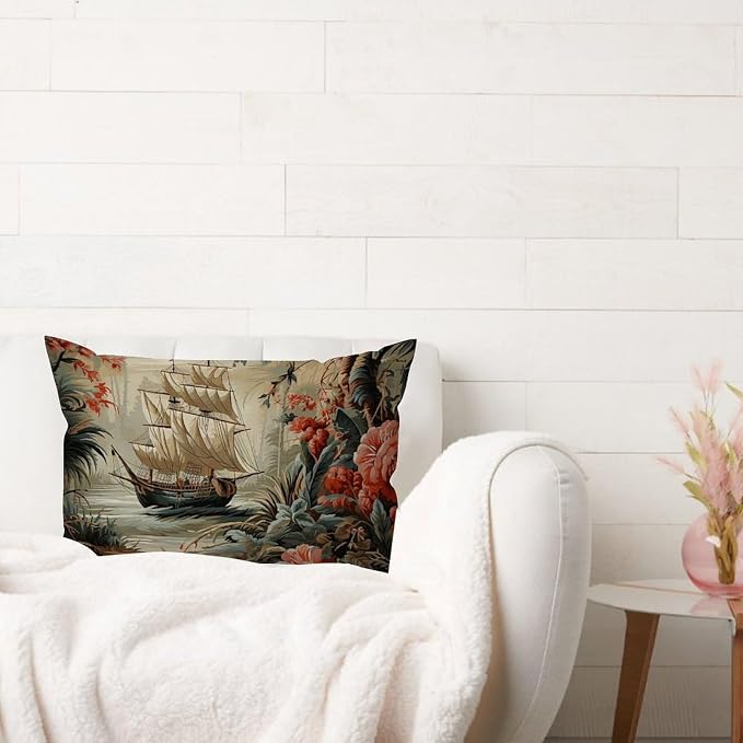 Rectangular Cushion Cover Moore Manor Antique Chinoiserie Pillow Case Rustic Vintage Boats and Flowers Pillow Cover Accent Outdoor Garden for Couch Sofa Bed Chair Indoor 12x18in