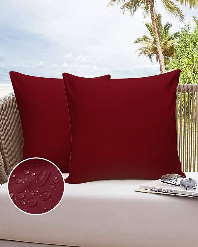 Outdoor Pillow Covers Waterproof, Solid Red Wine All Weather Cushion Case Set of 2, Pure Color Decorative Pillowcases for Sofa Couch Bed Decor Patio Furniture 16"x16"