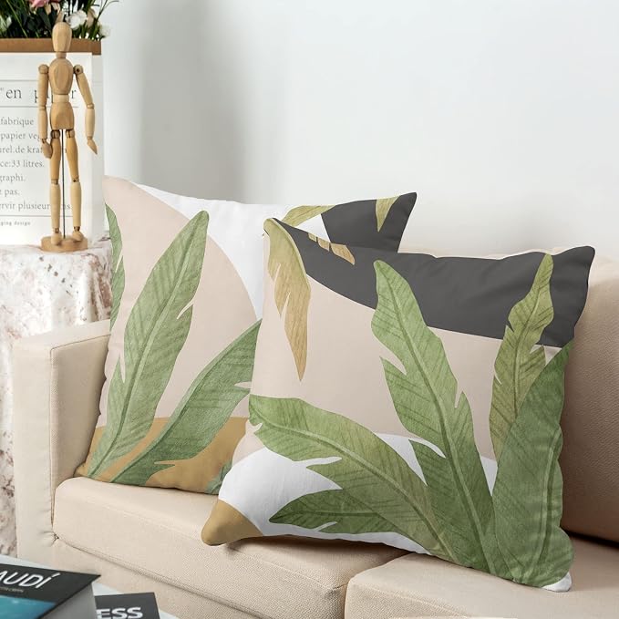 Tropical Green Leaves Throw Pillow Covers Set of 2 Palm Tree Cushion Cases Jungle Banana Leaves Pillow Case 24x24 for Sofa Bed Living Room
