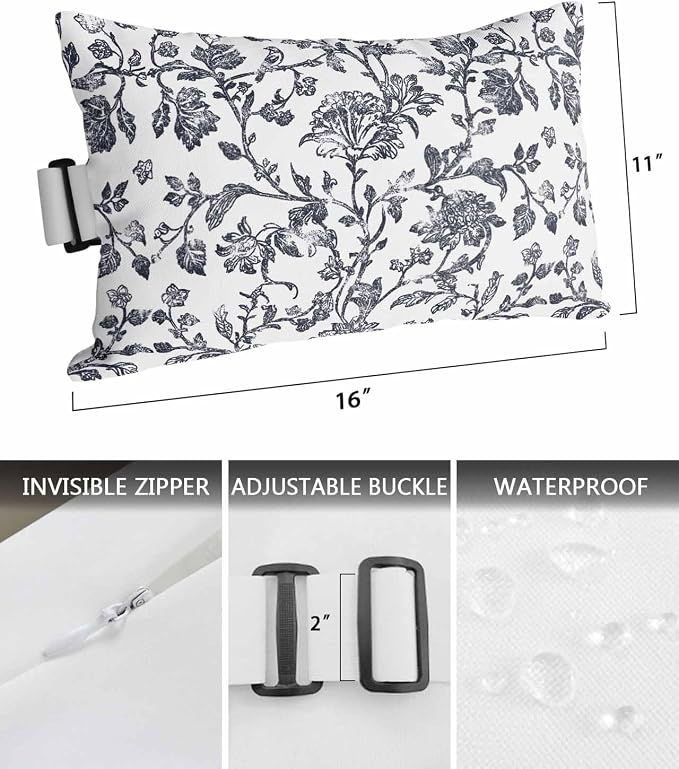 Pack of 2 Outdoor Lumbar Pillow Covers 11x16 Inch, Dark Blue Flowers Waterproof Throw Pillow Covers Set, Pastoral Vintage Farmhouse Leaf Spring Indoor&Outdoor Cushion Cases for Patio Porch Beach