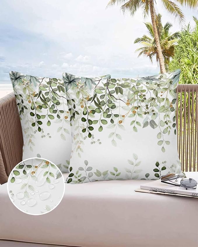 Outdoor Pillows 18x18 Waterproof Outdoor Pillow Covers Elegant Spring Leaf Plant Polyester Throw Pillow Covers Garden Cushion Decorative Case for Patio Couch Decoration Set of 2 Green Gold