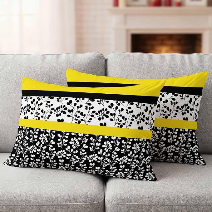 Black Yellow Outdoor Pillow Covers 20x12 Inch Lumbar Pillow Covers Set of 2 Waterproof Decorative Throw Pillow Cases Floral Stripe Aesthetic Flower Boho Cushion Covers for Patio Furniture