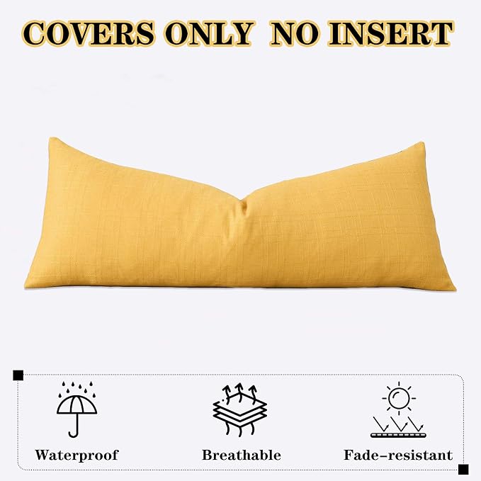 Kevin Textile Outdoor Waterproof 14”x36” Pillow Cover 1 Pack, Yellow | Water Resistant, Soft Faux Linen-cotton Yarn-dyed Woven Texture Throw Pillow Covers for Tent Patio Garden Couch Sofa