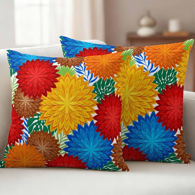 Red Yellow Blue Flowers Outdoor Pillow Covers Waterproof, All Weather Cushion Case Set of 2, Boho Colorful Floral Plant Decorative Pillowcases for Sofa Couch Bed Decor Patio Furniture 16"x16"