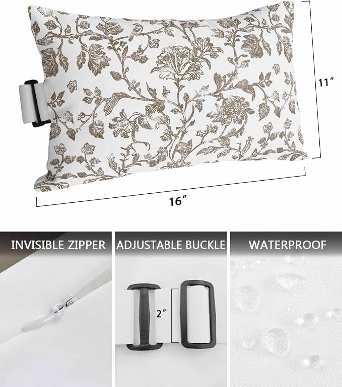 Pack of 4 Outdoor Lumbar Pillow Covers 11x16 Inch, Brown Flower Waterproof Throw Pillow Covers Set, Vintage Farmhouse Boho Leaf Spring Plant Indoor&Outdoor Cushion Cases for Patio Porch Beach