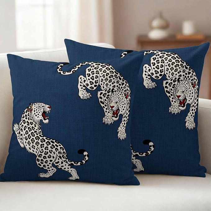 Navy Blue Leopard Outdoor Waterproof Pillow Covers Pack of 2, Modern Style Wild Animal Rustic Linen Texture Throw Pillowcases Decorative Cushion Covers for Garden Patio Tent Sofa Couch, 24x24 inch