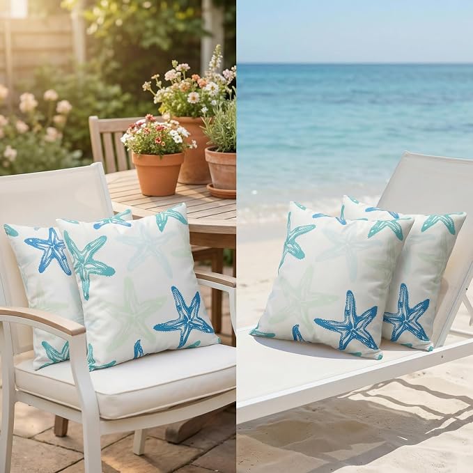 cygnus Starfish Outdoor Pillow Covers 18x18 Waterproof Coastal Throw Pillow Covers Nautical Beach Theme Decorative Square Cushion Case for Patio Furniture Garden Sofa Set of 2,Blue and Green