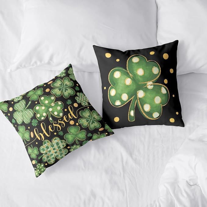 Pack of 2 St Patricks Day Pillow Covers 20x20 Lucky Blessed Shamrock Throw Pillow Covers Green Black Stripes Polka Dots Clover Pillow Cases for Sofa Couch Bed Home Decor