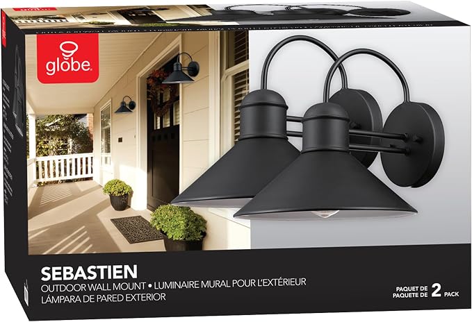 Globe Electric 44165 1-Light Outdoor Wall Sconce, 2-Pack, Weatherproof, Black Finish, Outdoor Lighting Modern, Wall Lighting, Porch Light, Front Porch Décor, Patio Décor, Outdoor, Bulb Not Included