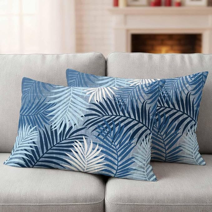 Outdoor Waterproof Throw Pillow Covers, Navy Blue Palm Leaves Decorative Pillow Cases, Summer Botanical Tropical Leaf Couch Pillow Protector Patio Sofa Cushion Covers Replacement 20"x12" 2 Pack