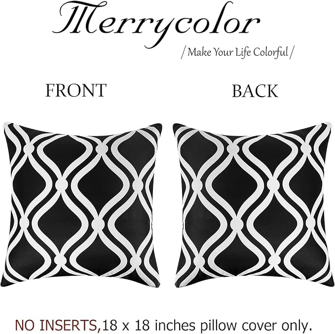 Merrycolor Outdoor Pillows Cover Waterproof Set of 2 Modern Geometry Patterns Decorative Black and White Pillowcases 18x18 Inches for Patio Furniture Couch Garden