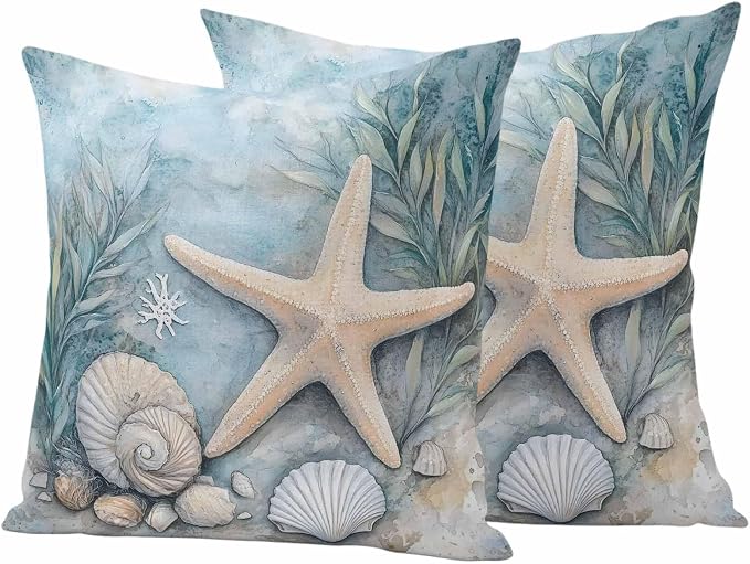 Ocean Coral Outdoor Waterproof Throw Pillow Covers Set of 2, 18"x18", Shell Starfish Plant Leaf Coastal Rustic Decorative Pillow Covers Outside Cushion Case for Patio Porch Garden
