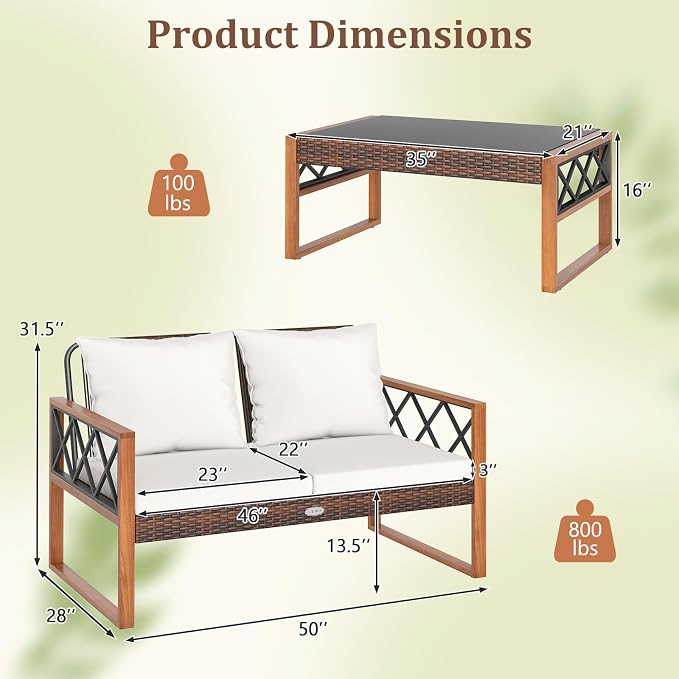 HAPPYGRILL 2 Pieces Patio Furniture Set, PE Rattan Loveseat and Coffee Table Set with Cushions & Tempered Glass Tabletop, Acacia Wood Outdoor Conversation Set for Balcony, Backyard & Poolside