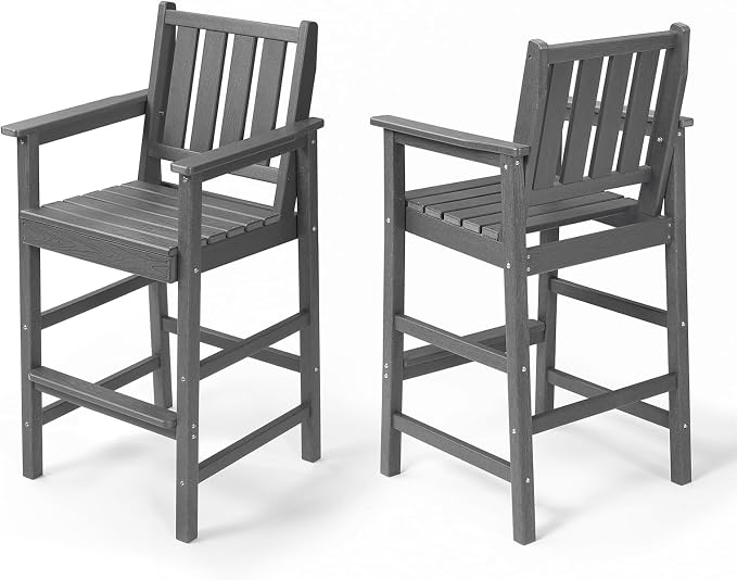 Adirondack Bar Chair Set of 2, HDPE Tall Adirondack Chairs Bar Stools with Footrest, Outdoor Bar Height Stool Chair Set, HDPE Patio Barstools Set for Balcony, Porch, Deck, Pool, Smoke Gray