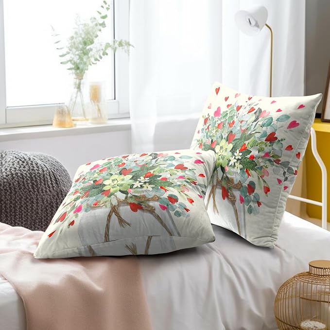 Eucalyptus Love Heart Pillow Covers 16x16, Mason Jar Leaves Red Hearts Valentine's Day Decorative Pillow Cases Soft Square Cushion Cover for Wedding Party Home Decor Set of 2