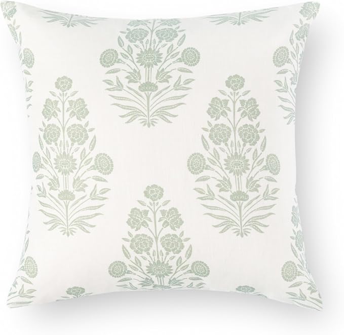 Modern Farmhouse Fall Linen Indoor Outdoor Throw Pillow Cover Only, 20"x20" Water Repellent for Patio, Backyard, Couch, Light Green Neutral Floral