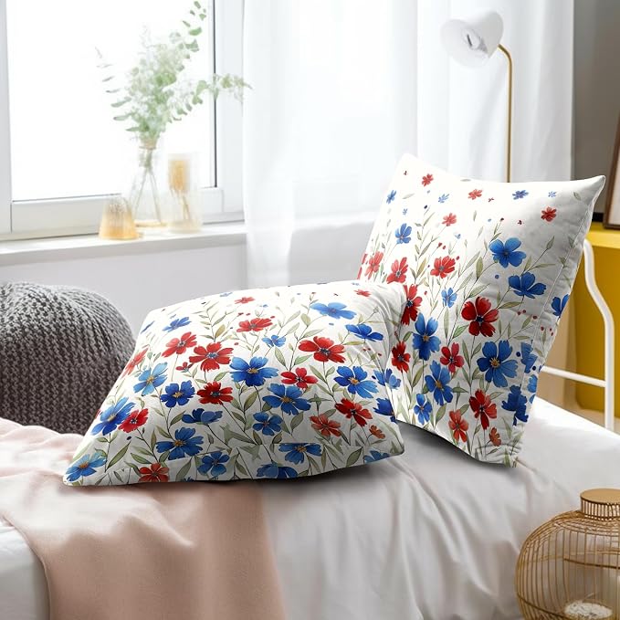 Red Blue Flowers Pillow Covers 18x18 Inch, Set of 2 Patriotic Wildflowers Leaves Summer Farmhouse Square Pillowcases Cotton Cushion Cover for Couch Sofa Bed Holiday Festival Decor