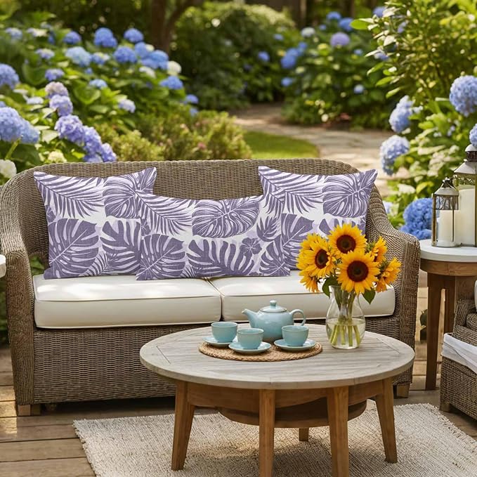 Purple Palm Leaves Outdoor Pillow Covers 20"x12" Set of 2, Tropical Botanical Minimalist Modern Waterproof Throw Pillow Covers for Patio Furniture, Decorative Cushion Covers for Porch