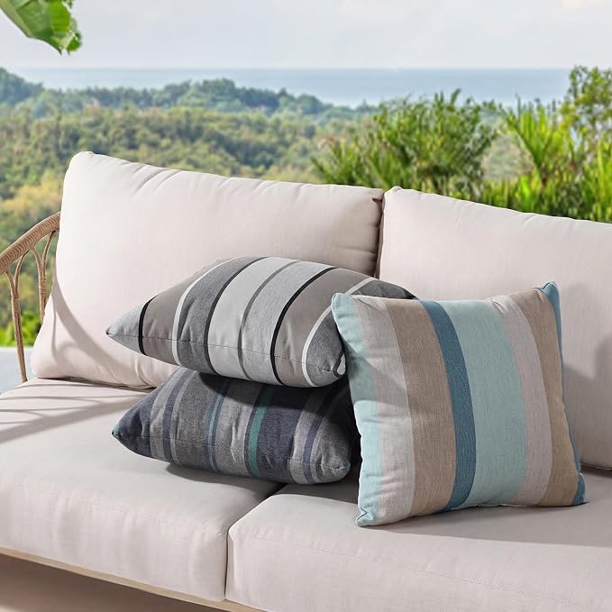 Outdoor Pillows, Patio Decorative Pillows Pack of 2, Waterproof Throw Pillows for Outdoor Furniture, 16× 16 Comfortable Spring Outdoor Pillows for Bed, Couch, Sofa, Grey & Blue Stripe