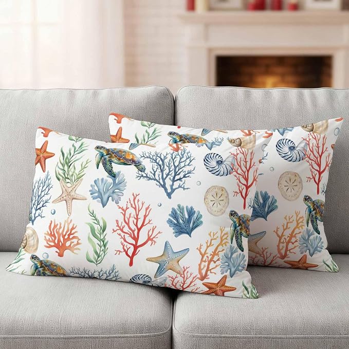 Summer Ocean Outdoor Waterproof Pillow Covers Pack of 2, Nautical Coastal Sea Turtles Shells Corals Starfish Decorative Throw Pillowcases Cushion Covers for Garden Patio Tent Sofa Couch, 20x12 inch