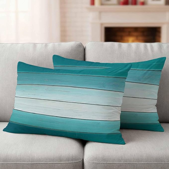 Teal Turquoise Outdoor Pillow Covers 20x12 Inch Lumbar Pillow Covers Set of 2 Waterproof Decorative Throw Pillow Cases Farmhouse Abstract Gradient Wooden Plank Cushion Covers for Patio Furniture