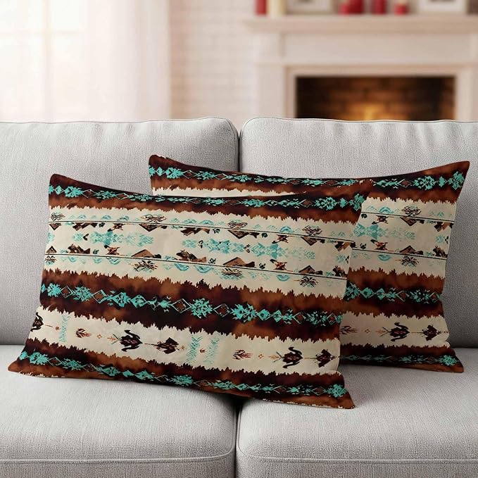 Western Aztec Outdoor Pillow Covers 20"x12" Set of 2, Brown Turquoise Tribal Ethnic Geometric Waterproof Throw Pillow Covers for Patio Furniture, Decorative Cushion Covers for Porch
