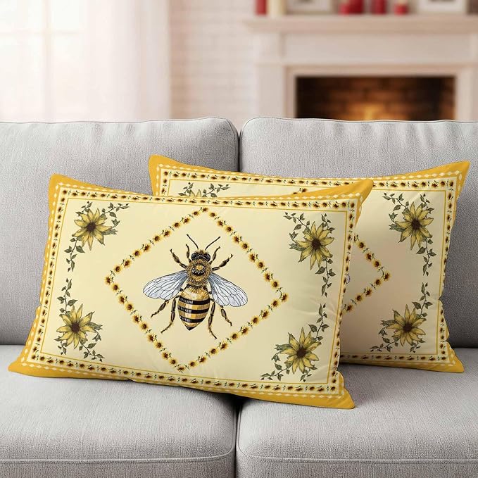 Sunflowers and Bee Outdoor Pillow Covers Set of 2, Farmhouse Retro Floral Decorative Waterproof Throw Pillow Case, Animal Honeybee Cushion Pillowcases for Couch Garden Patio 20x12In