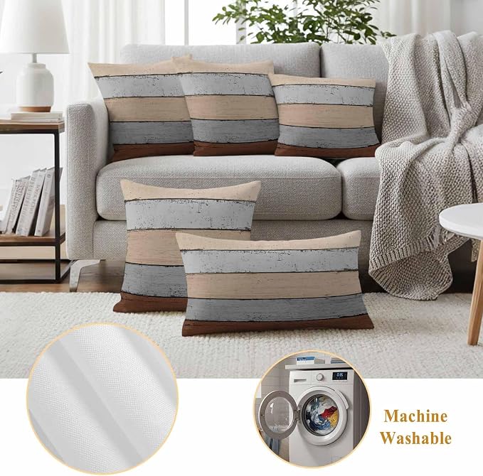Outdoor Throw Pillow Covers 16X16 Set of 2 Waterproof Ombre Ground Color Brown Grey Decorative Zippered Cushion Covers for Patio Furniture,Lumbar Pillowcases Farmhouse Retro Rustic Barn Wood Texture