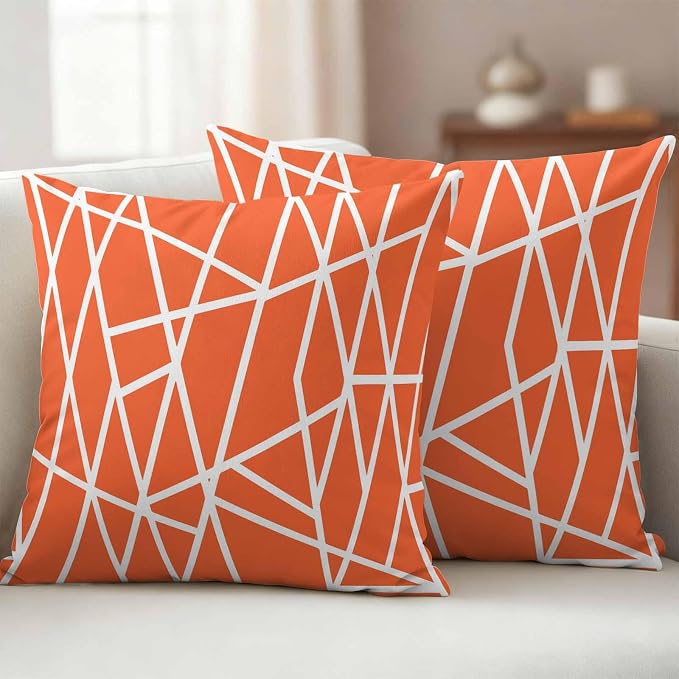 Outdoor Pillow Covers Waterproof, Orange Geometric Decorative Square Throw Pillowcases Patio Cushion Covers for Tent/Garden, 26" x 26" 2 Pack, Abstract Stripes Modern Simple