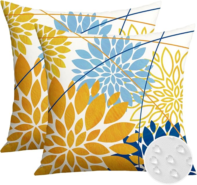 OTOSTAR Outdoor Golden Light Blue Pillow Covers 18x18 Inch Set of 2 Dark Blue Flower Throw Pillows Geometric Dahlia Floral Square Cushion Case Waterproof Decor for Sofa Patio Funiture Garden