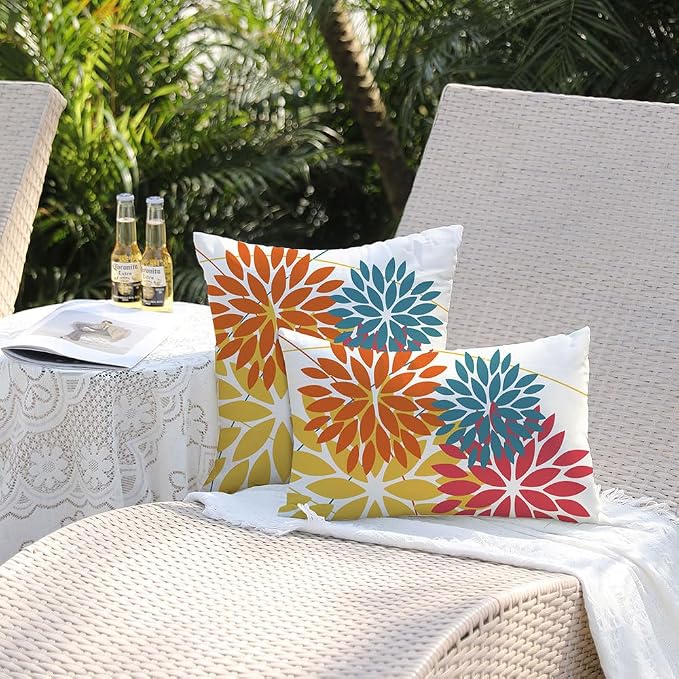 DFXSZ Pack of 2 Outdoor Waterproof Throw Pillow Covers 12x20 Orange Yellow | Polyester Spring Summer Fall Floral Decorative Cushion Cases(NO INSERT),For Couch Patio Funiture Garden Home Decor