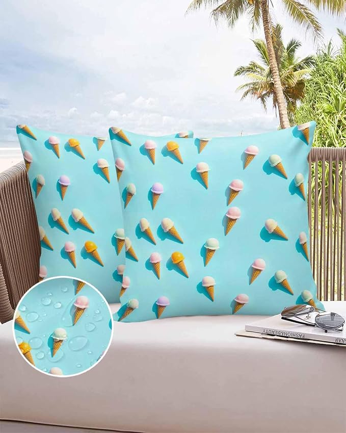 Outdoor Pillow Covers 26 x 26 Inches, Blue Ice Cream Waterproof Throw Pillow Cover Set of 2, Summer Colorful Ice Cream Home Decorative Square Cushion Covers for Patio/Tent/Couch/Garden