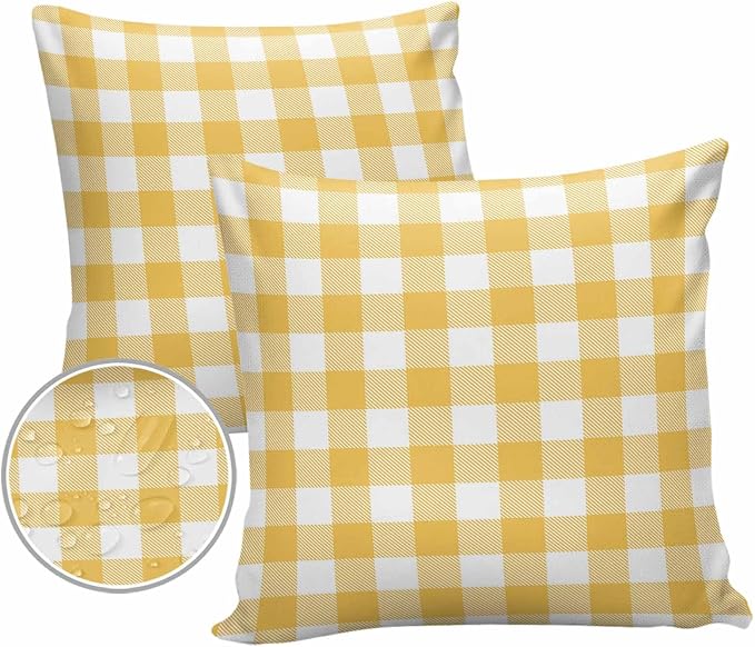 Outdoor Waterproof Throw Pillow Covers Set of 2 Yellow Buffalo Check Plaid Pillowcases 24x24 Inches Farmhouse Style Patio Decorative Pillows Cushion Case Patio Pillows for Couch Bed Chair Garden