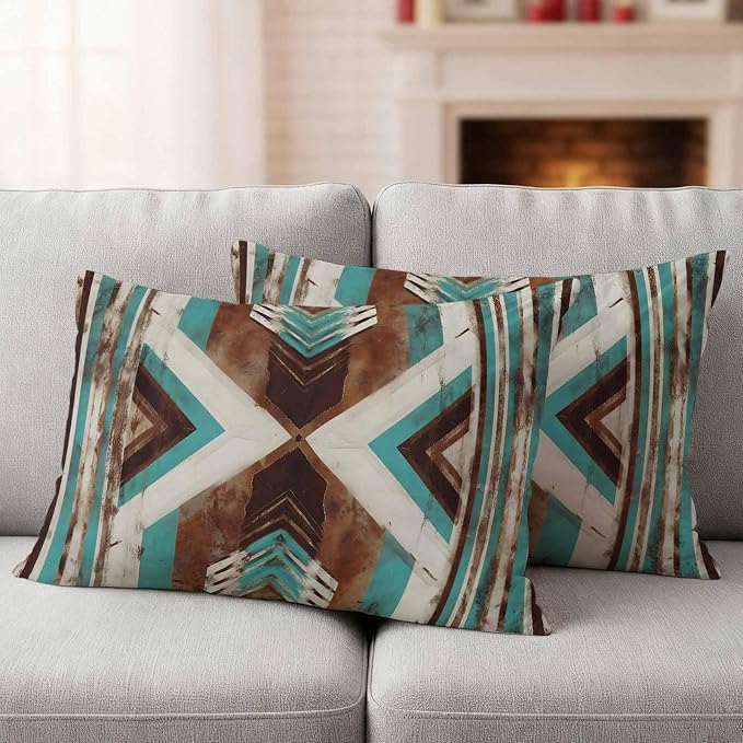 Aztec Southwestern Outdoor Pillow Covers 20"x12" Set of 2, Vintage Abstract Brown Turquoise Diamond Waterproof Throw Pillow Covers for Patio Furniture, Decorative Cushion Covers for Porch